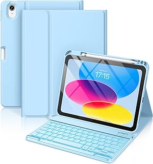 Hamile for iPad 11th 10th Generation Case with Keyboard - 7 Colors Backlit Wireless Detachable Folio Keyboard Cover with Pencil Holder for iPad 11-inch A16 2025 10th Gen 10.9 Inch 2022 (Sky Blue)