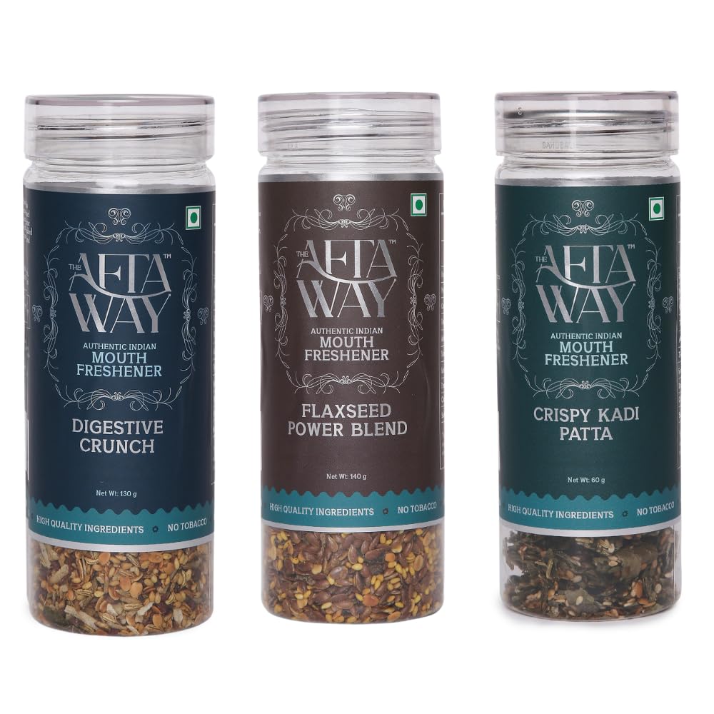 The AftaWay Digestive Delight Combo, Digestive Crunch, Crispy Kadi Patta, Flaxseed Power Blend, Ayurvedic Herbal Mouth Freshener Candy, No Artificial Preservatives, Indian Mukhwas