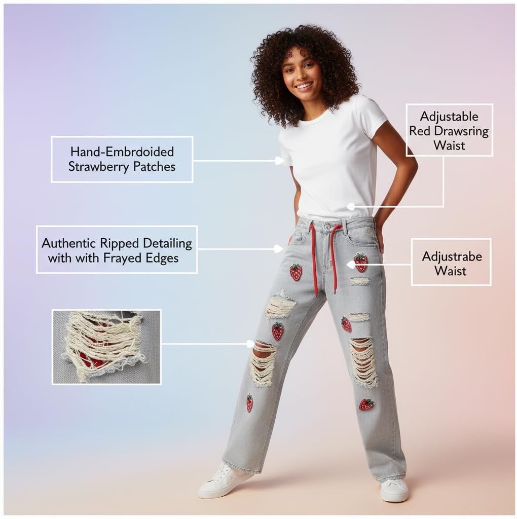 Loizziuy Women's Y2K Strawberry Embroidered Ripped Jeans, High Waisted Wide Leg Distressed Denim Pants, Cute Baggy Streetwear