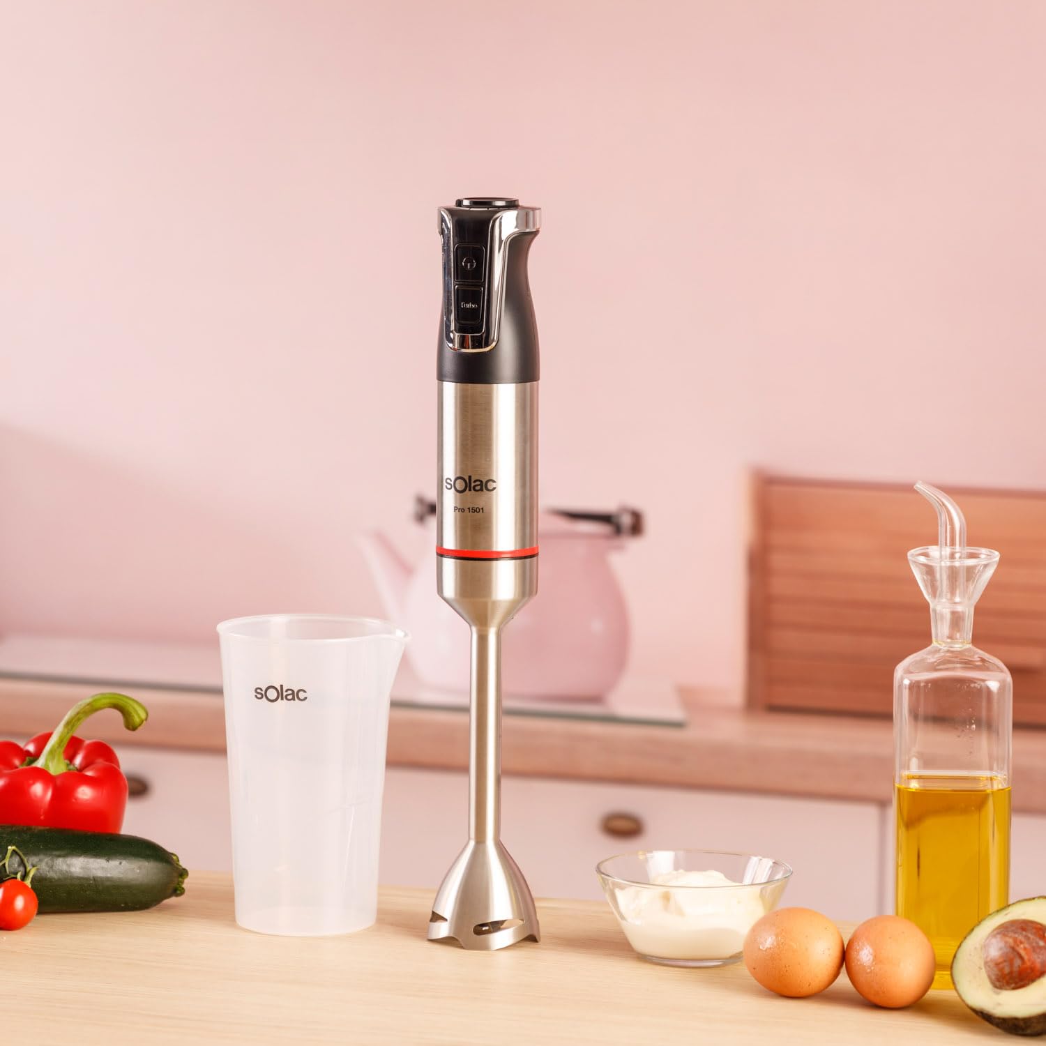 Solac - Batidora de Mano 1500W de Potencia | 20 Velocidades Ajustables + TURBO | 4 Cuchillas de acero inoxidable para purés, batidos, carne y picar hielo | Apto para Lavavajillas | Vaso medidor 700ml