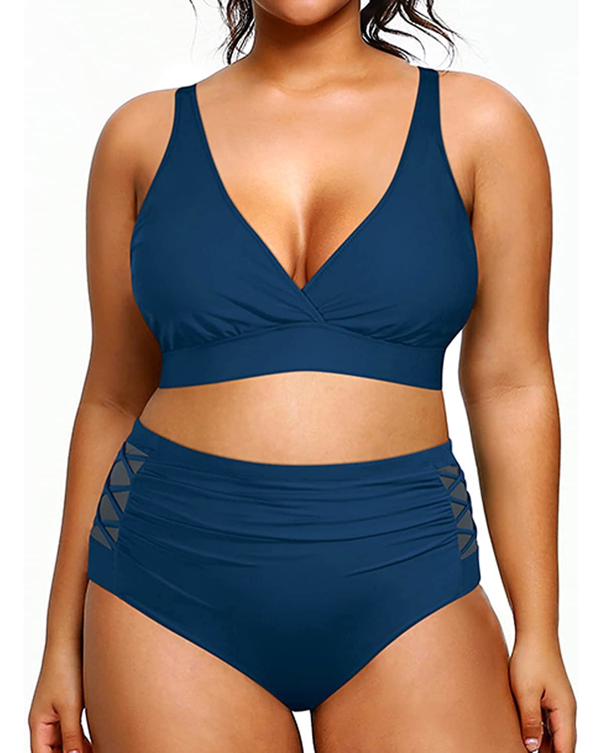 Yonique Womens Plus Size Bikini High Waisted Swimsuits Two Piece Bathing Suits Tummy Control Swimwear Blue 18 Plus