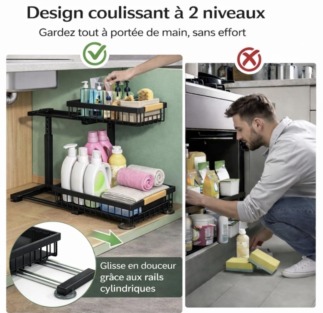 Rangement Sous Evier Coulissant 2 Niveaux Gain de Place Cuisine Plateau Large 30 cm Reglable 35 a 43 cm Acces Facile Placard Salle de Bain Buanderie - 5