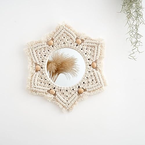 Miniatura 6 de AVCULT Espejo de pared bohemio, espejo de pared colgante con círculo de flecos, espejo colgante redondo, arte bohemio rústico para dormitorio, sala