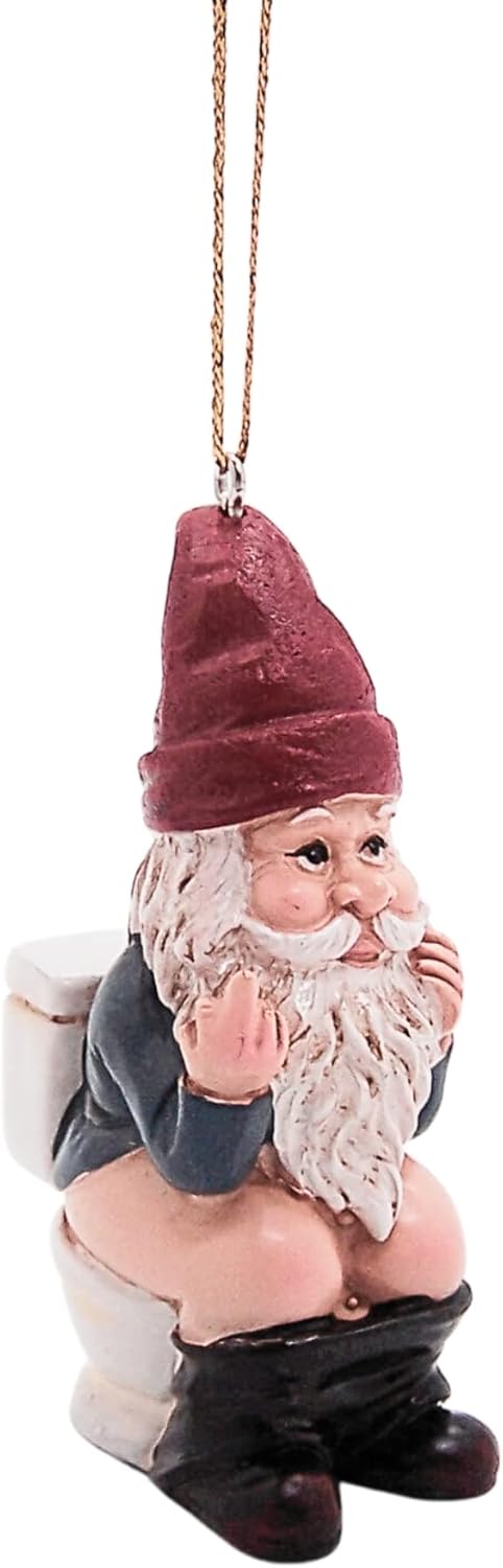 Naughty Gnome on a Toilet Christmas Ornament, Holiday Decoration, Funny White Elephant Gift, Unique Festive Gnome Decor, 3.25 Inches - Image 3
