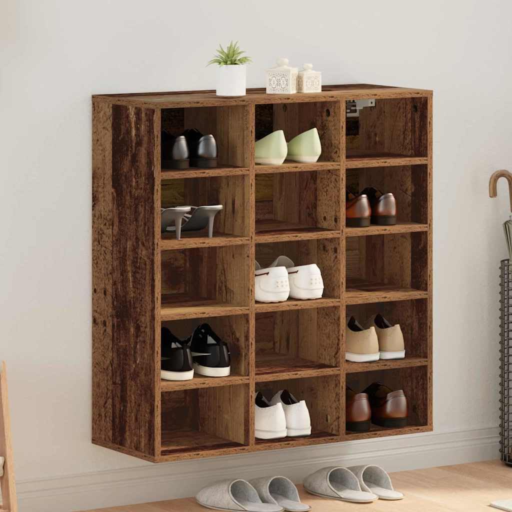 Cabinet à chaussures en bois ancien 15 étagères meuble d'entrée 77,5cm