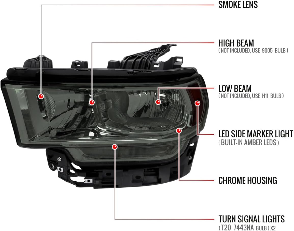 Factory Style Headlights (Chrome Housing/Smoke Lens) Made for and Compatible with 2019-2024 Dodge RAM 2500/3500/4500/5500