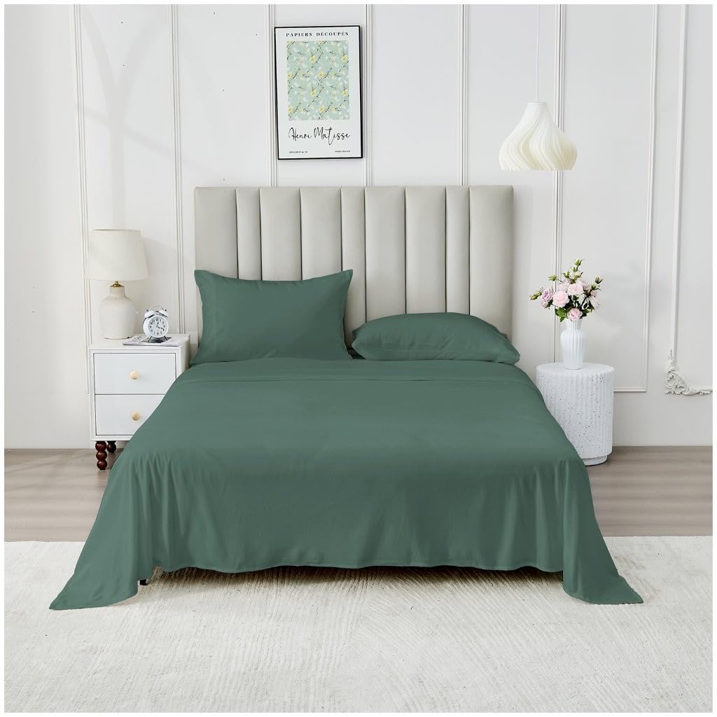 Soft Touch Plain Fitted Sheet, Flat Sheet & Pillowcases Set - Ultra-Soft Bedding Set โ Lightweight, Breathable, Easy-Care Bed Sheets for Double & King Size Bed (Dark Green, Double)