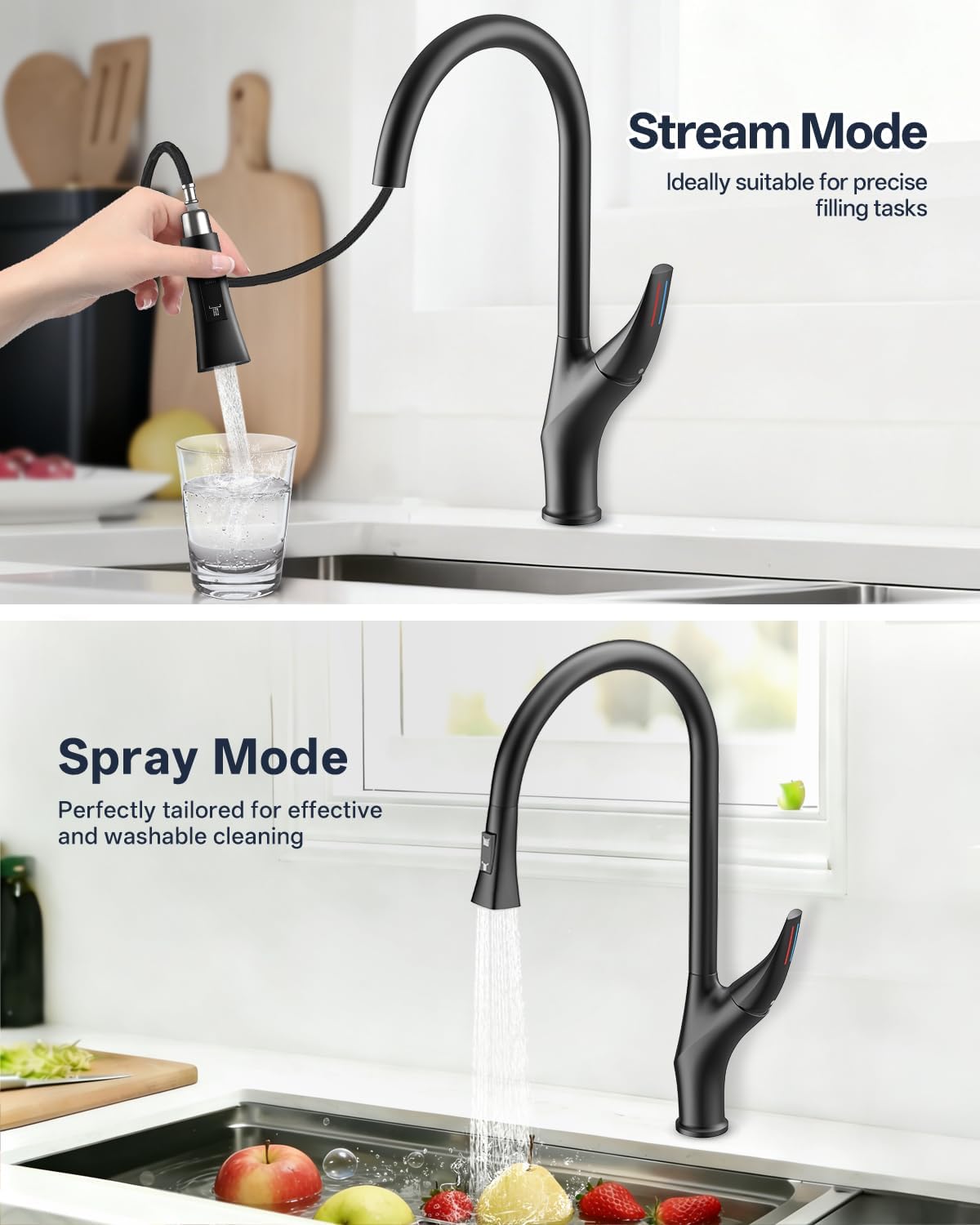 Kitchen Faucet with Pull Down Sprayer, Brass Faucet for Kitchen Sink, Bar Faucet with Ceramic Cartridge, Kitchen Sink for for RV, Bar, Farmhouse, Laundry, Outdoor (Standard, Brushed Black)