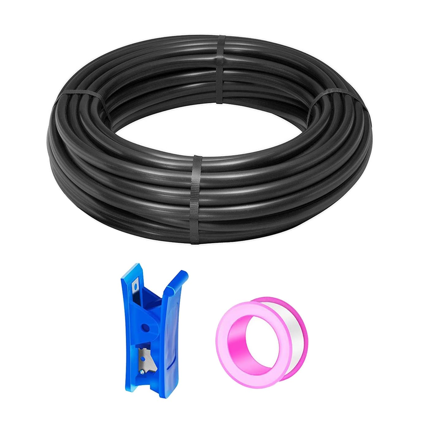 HUAZIZ Tubo pneumatico in poliuretano nero, 10 m, tubo flessibile per aria compressa, esterno 14 mm x interno 10 mm + 1 tagliatubi blu + 1 nastro in teflon rosa