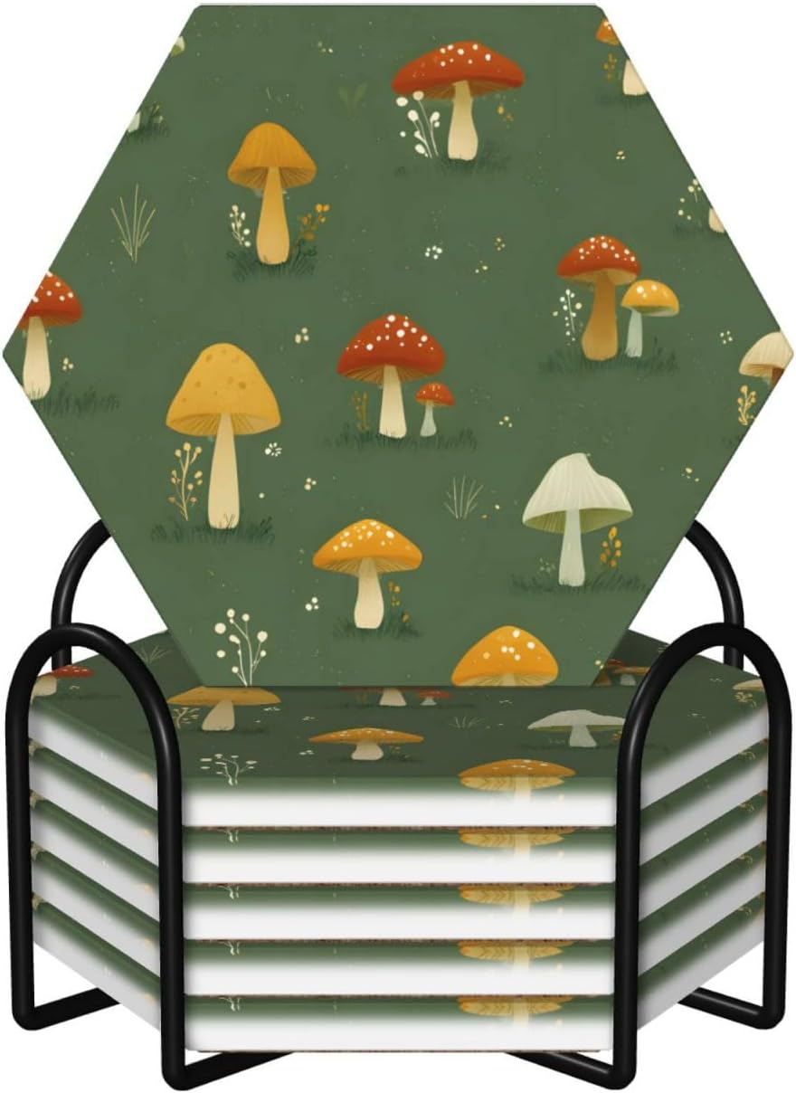(Cute Little Mushrooms) Ceramic Coasters Set of 6 with Holder Non-Slip Hexagon Coffee Coasters for for Cup Mug Drink Patio Coffee Table Decor, Christmas Coasters Home Bar Supplies