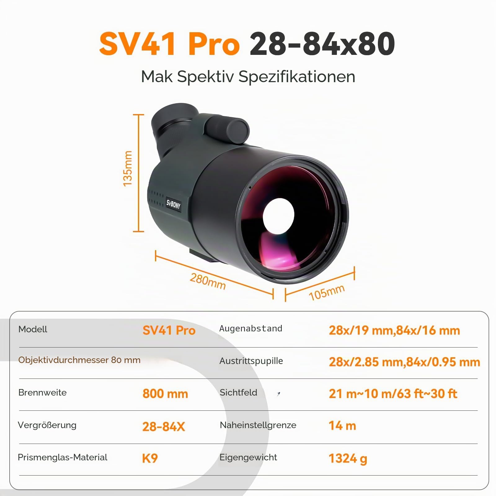 SVBONY SV41Pro 80 mm Mak Spektiv, 28-84-fach Zoom-Okular, 1,8 kg, Spektiv für Vogelbeobachtung und Astronomie