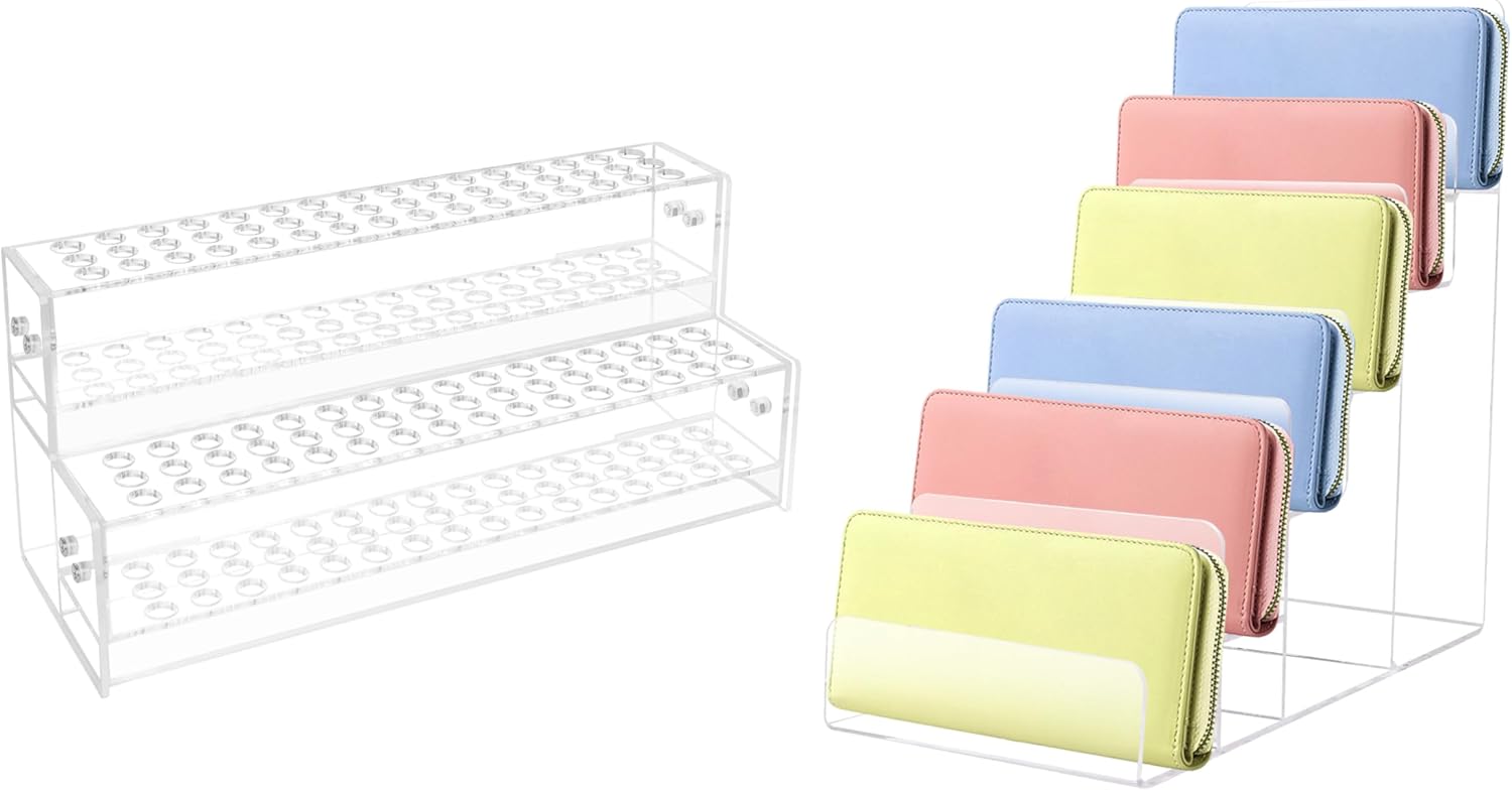 6-Tier Acrylic Wallet Display Stand and 96-Slots Acrylic Pen Holder