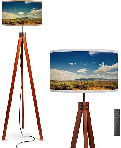 Lámpara de pie del suroeste del atardecer paisaje con montañas de sandia, desierto puesta de sol, lámpara de pie con patas de madera maciza, lámpara