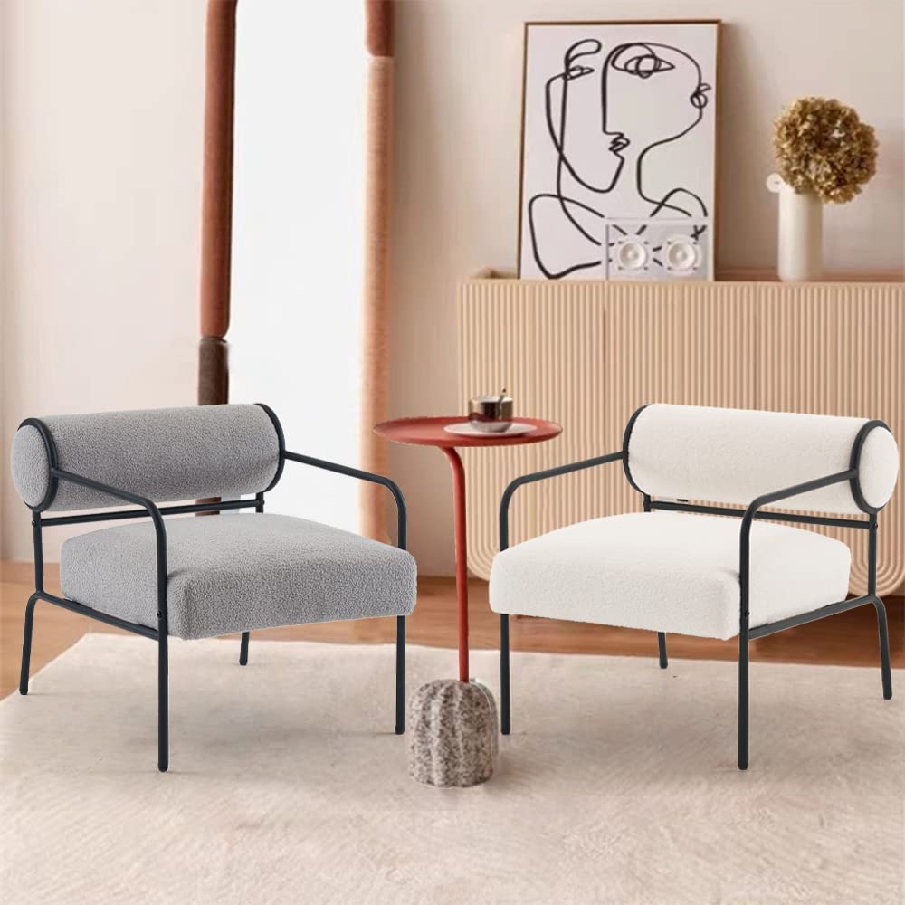 Mingone Sessel Weiß Cocktailsessel Modern Loungesessel Ohrensessel Lammwolle mit Schwarz Metallbeinen für Wohnzimmer Schlafzimmer bis 120kg
