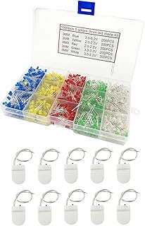 Taysing LED Light Emitting Diode Round with Battery Holder Coin Cell Holder Assorted Color White/Red/Yellow/Green/Blue Kit Box (φ3mm 1000pcs)