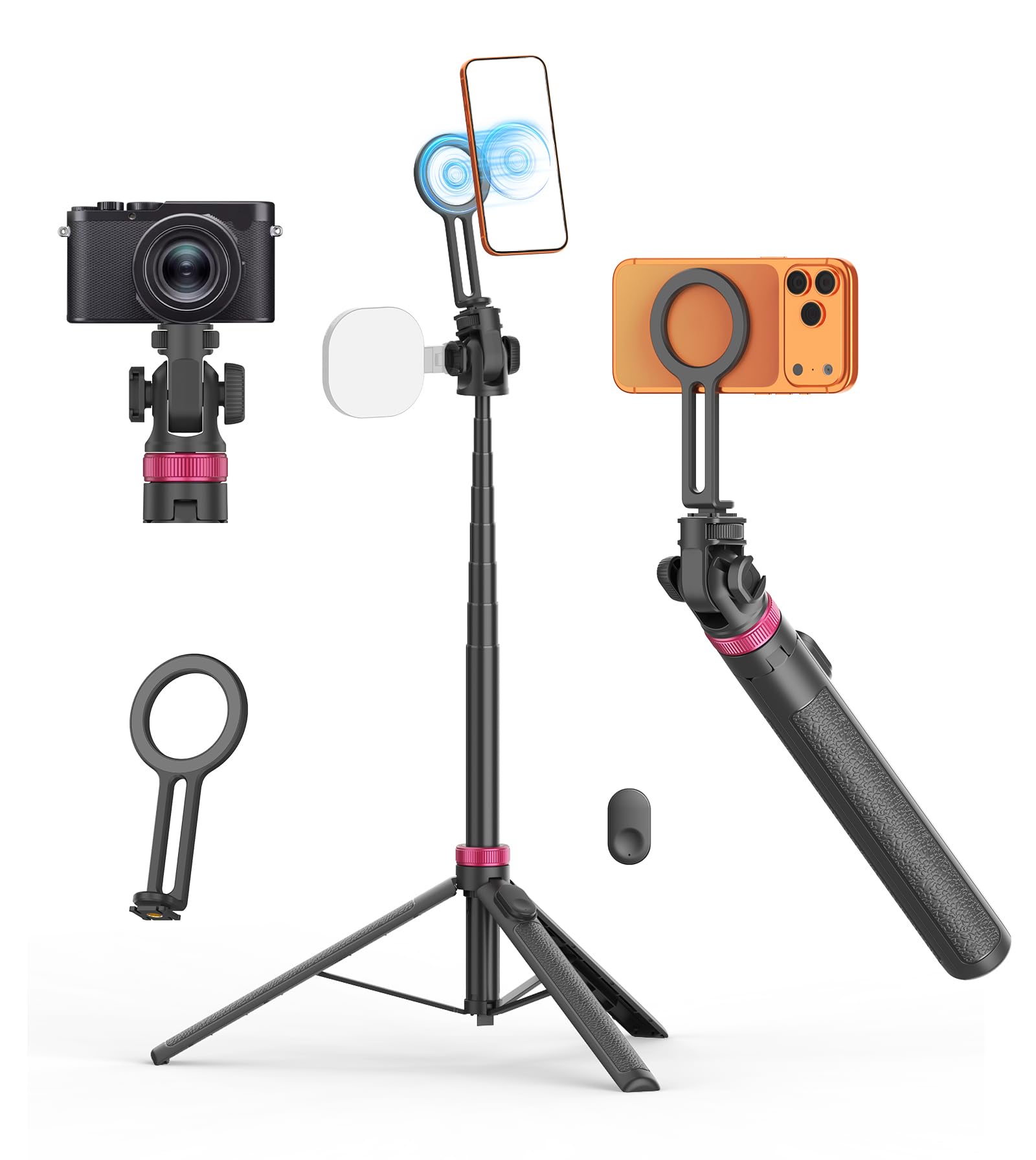TONEOF 175cm Magnetic Selfie Stick Phone Tripod, 360° Rotating Phone Stand, Portable Light Tripod, Aluminum Video Kits with Remote for Phone/Small Cameras, for Selfies/Live/Video Recording-Black Rose