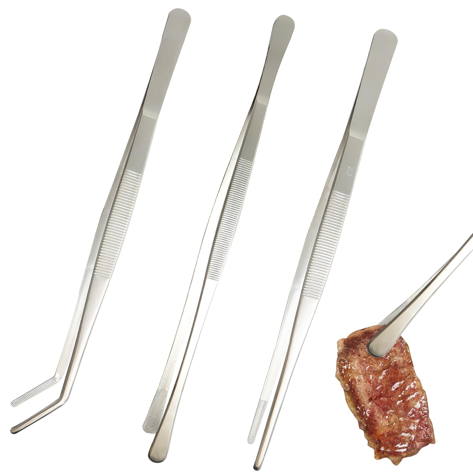Set 3 Pinze Da Cucina In Acciaio Inox 300mm – Pinze Barbecue Professionali, A Punta, Larga E Curva, Multiuso, Lavabili In Lavastoviglie - 2