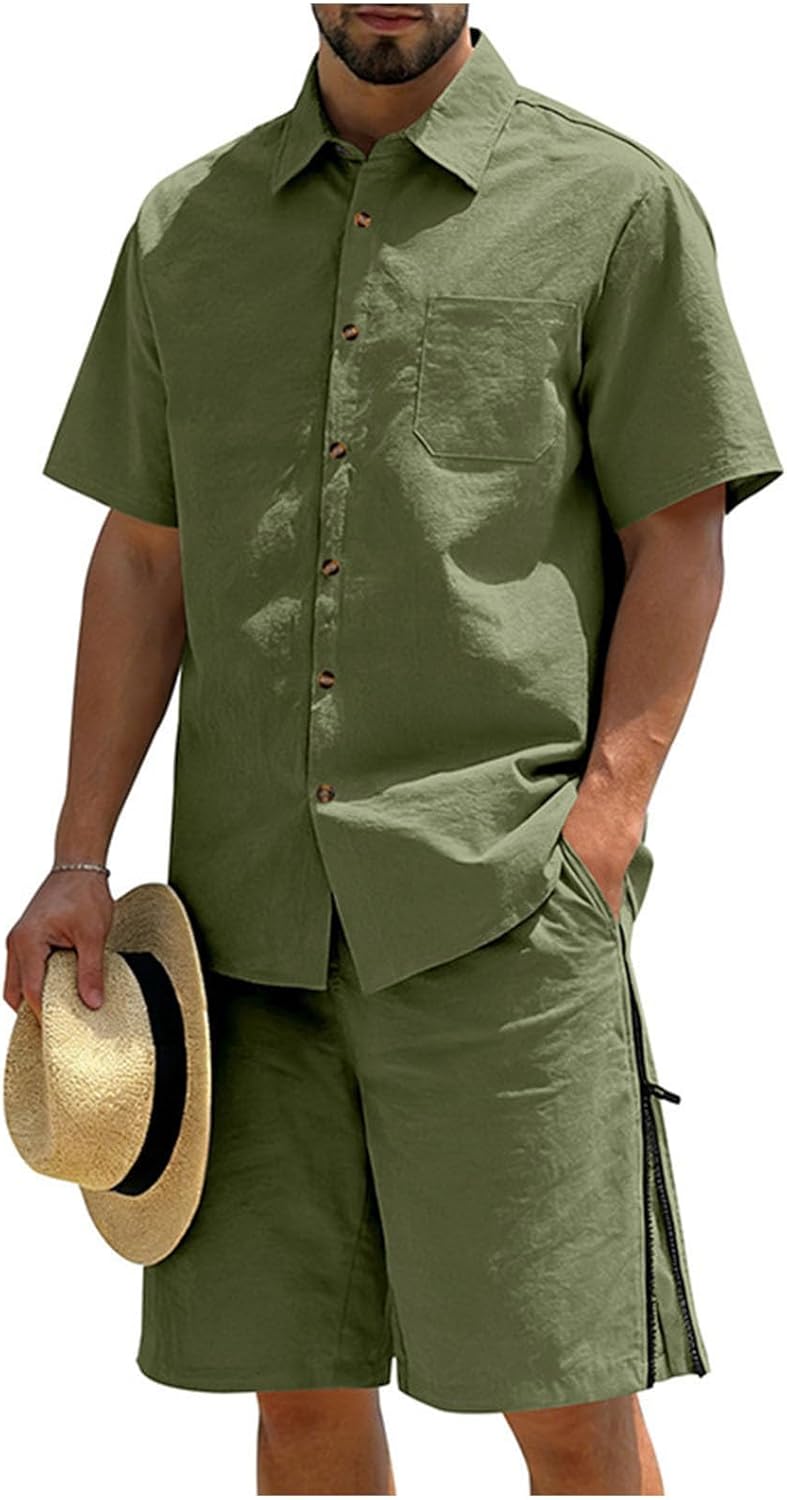 Cambkatl 2 Piece Sets for Men Summer Loose Button Down Lapel Shirt with Shorts Beach Vacation Matching Outfits with Pockets