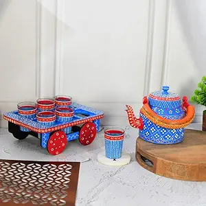 Shah Decor HandPainted Alluminium Tea Kettle with Four Glasses and Wooden Tray for Home Dcor Tea Party Serving -10