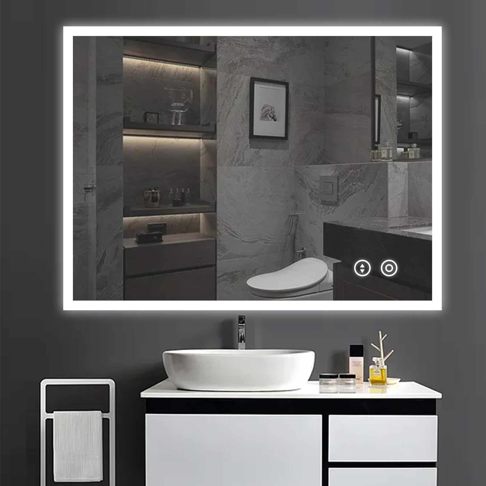 YOLEO Espejo de Baño con Luz LED Regulable en 3 Colores, Espejo de Pared, 80 x 60 cm, Antivaho con Interruptor Táctil, 6400 K