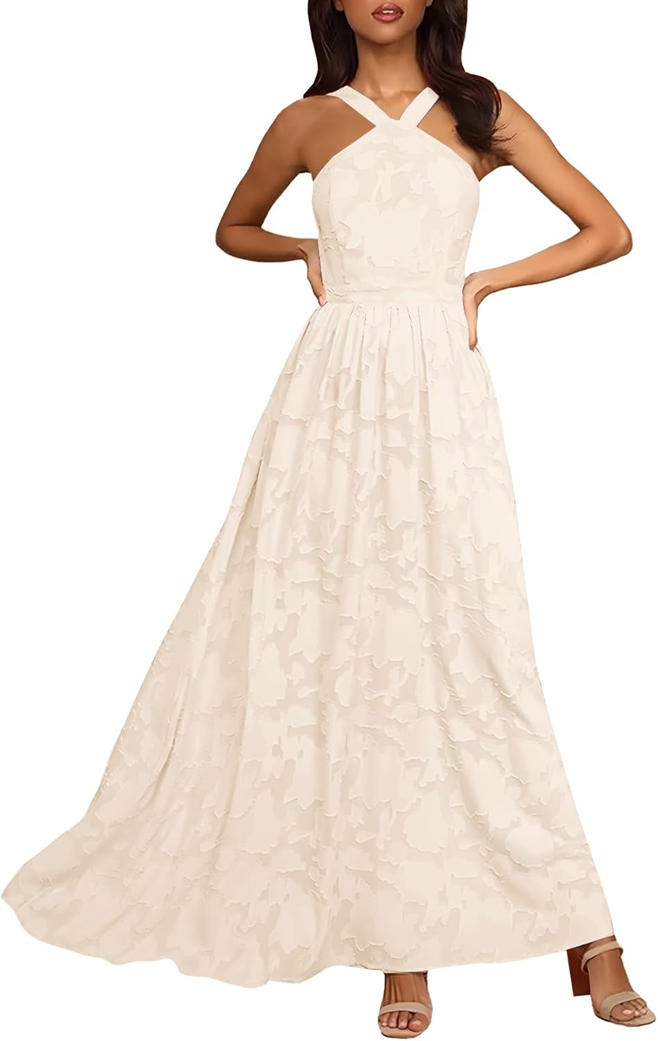 MITILLY Women's Summer Dresses 2025 Boho Halter Neck Sleeveless Smocked Floral Backless A Line Flowy Maxi Dress with Pockets