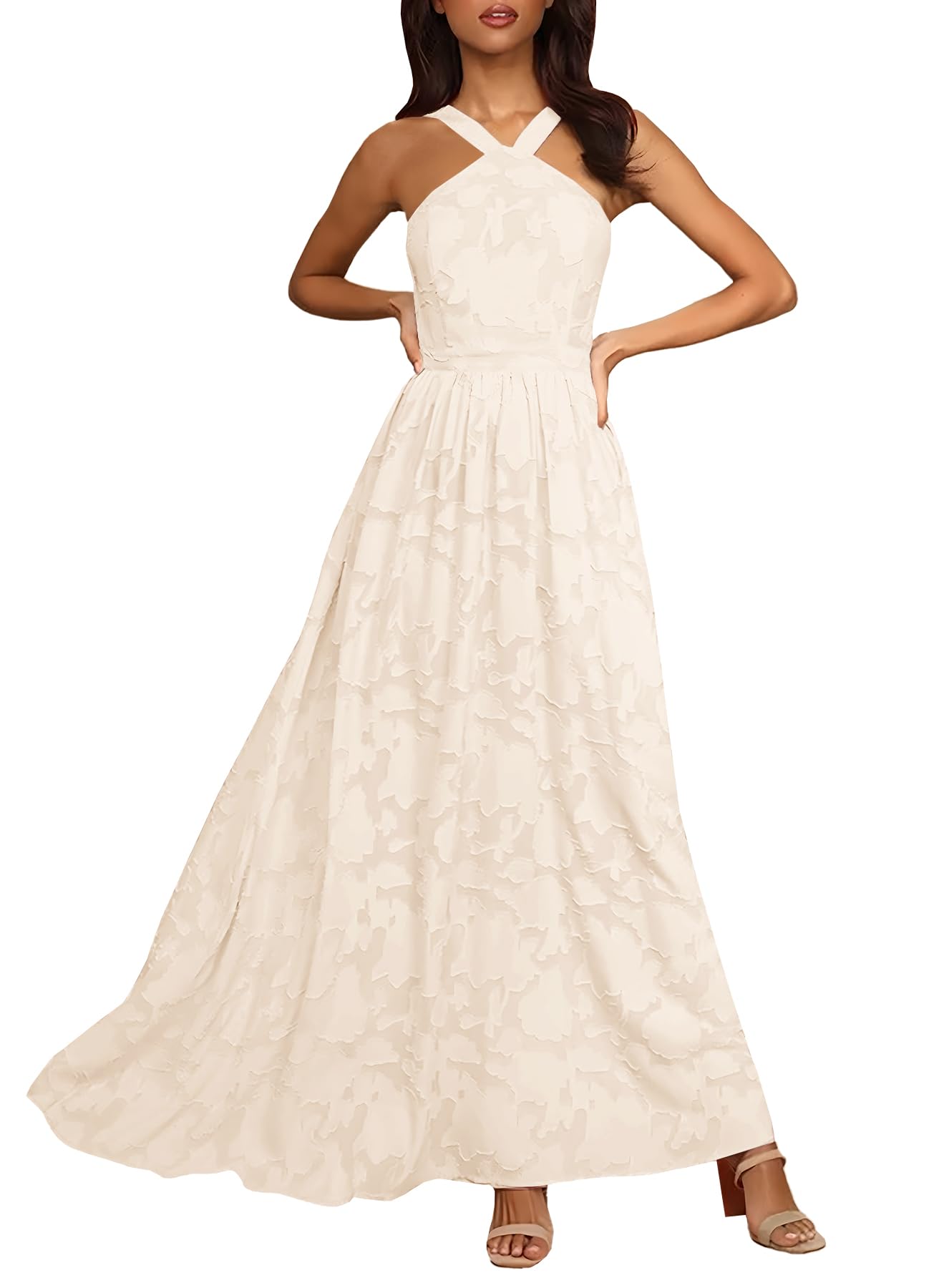 MITILLYWomen's Summer Dresses 2025 Boho Halter Neck Sleeveless Smocked Floral Backless A Line Flowy Maxi Dress with Pockets