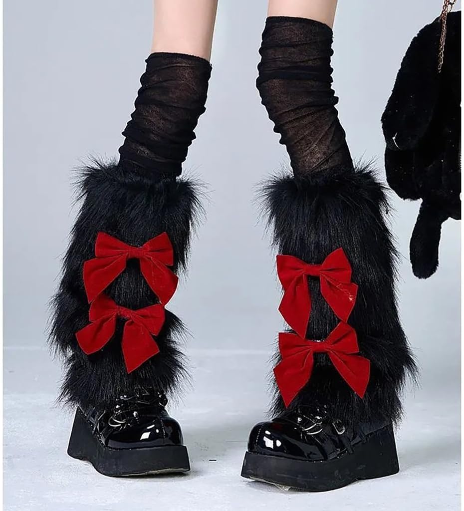 Women Cute Bowknot Plush Leg Warmers Furry Leg Covers Christmas Boot Toppers