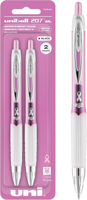 uniball™ 207 Pink Ribbon Gel Pens, Medium Point (0.7mm), Black, 2 Pack | Supports City of Hope, fraud-resistant uni Super Ink, water & fade-resistant, textured rubber grip