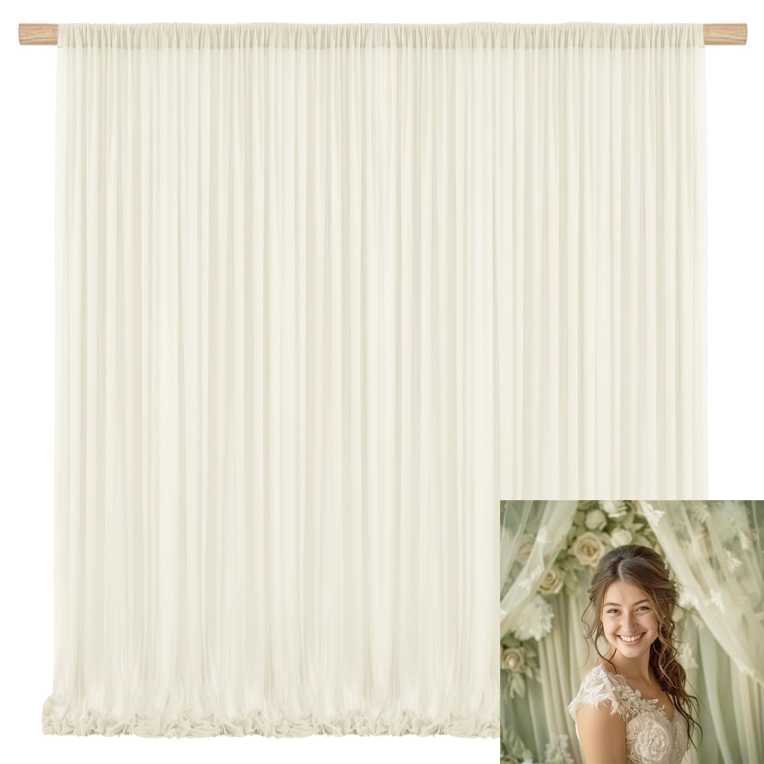 TOAOFY 10x10ft Beige Sheer Backdrop Curtain (2 Panels 5x10ft) Ivory Chiffon Backdrops Wrinkle Free Glimmer Wedding Sheer Sweet Girl Ceremony Baby