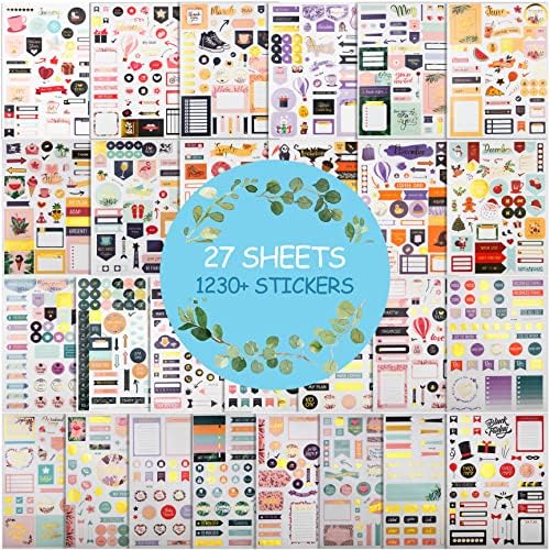 Gold Foil Planner Stickers, 27 Sheets/1230+ Stickers - Seasonal, Inspirational, Motivational, Holiday, Decorative Stickers for Planner, Organizer, Journal, Calendars -Cute Aesthetic Design Accessories