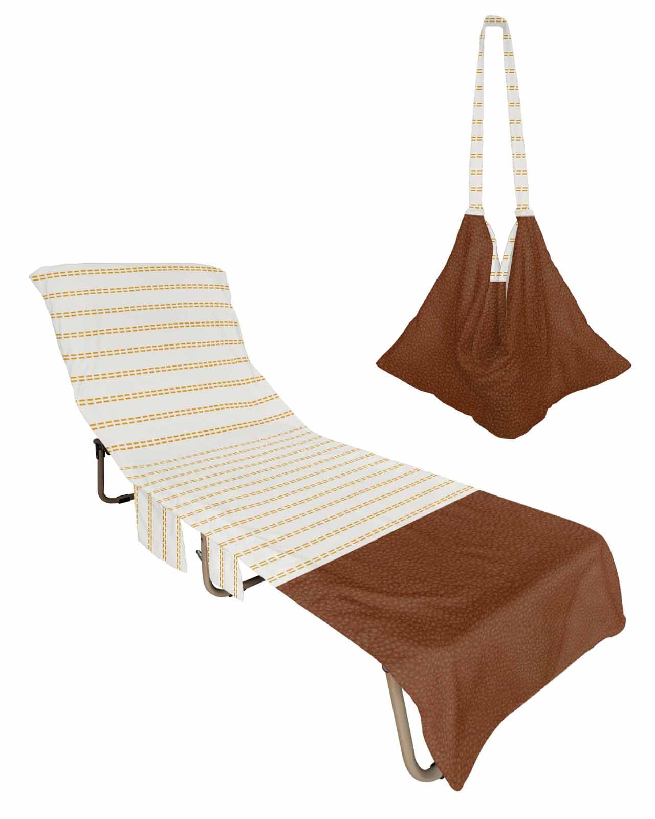 Boho Orange Beach Lounge Chair Towel Cover, Soft Chaise Lounge Towel with Side Pockets Patio Pool Chairs Cover for Beach/Pool Sunbathing 29x85 Brown Leather Texture Geometric Stripes