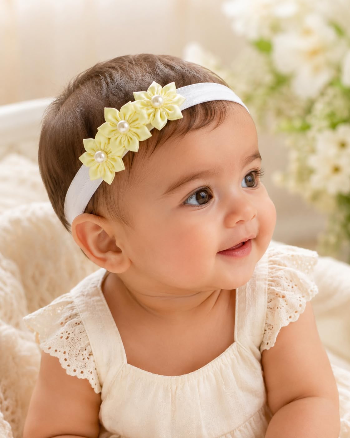 SAARVYA Baby Girl Floral Headband with Pearl Accent, Yellow | Soft Elastic Band, Triple Flower Design, Infant Hair Accessory, Satin Flowers, Newborn to Toddler-image-29