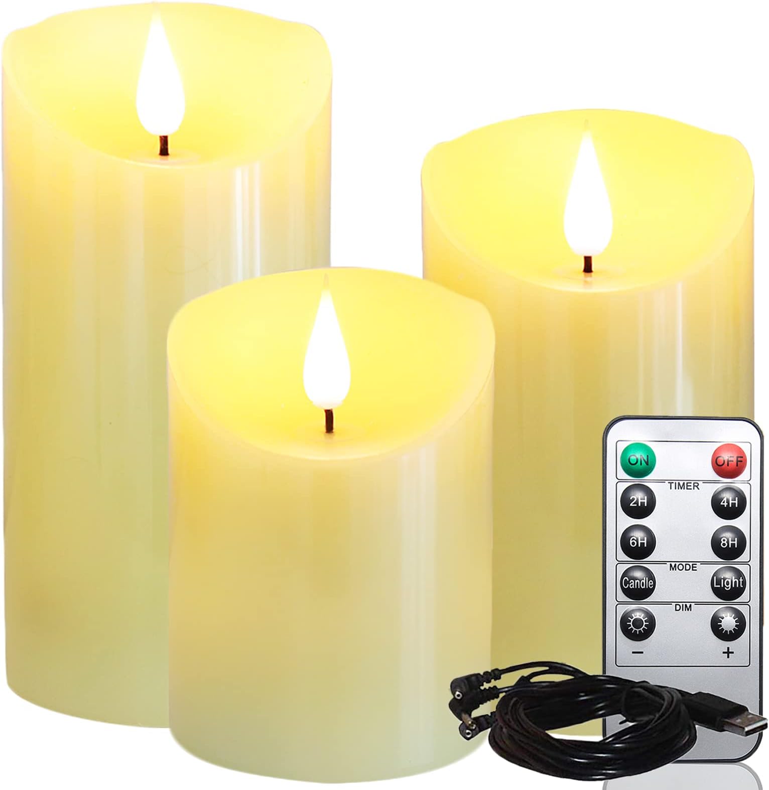 Lezonic Rechargeable Flickering Flameless Candles Battery Operated with Remote and Timer, Pack of 3(D 3'' X H 4''5''6'') Long Lasting Ivory White Real Wax LED USB Pillar Candles