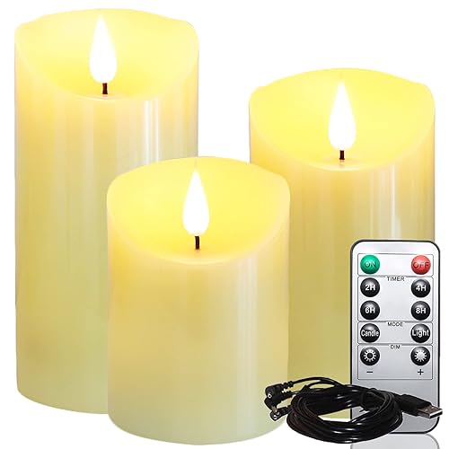Lezonic Rechargeable Flickering Flameless Candles Battery Operated with Remote and Timer, Pack of 3(D 3'' X H 4''5''6'') Long Lasting Ivory White Real Wax LED USB Pillar Candles - Ivory Pillar