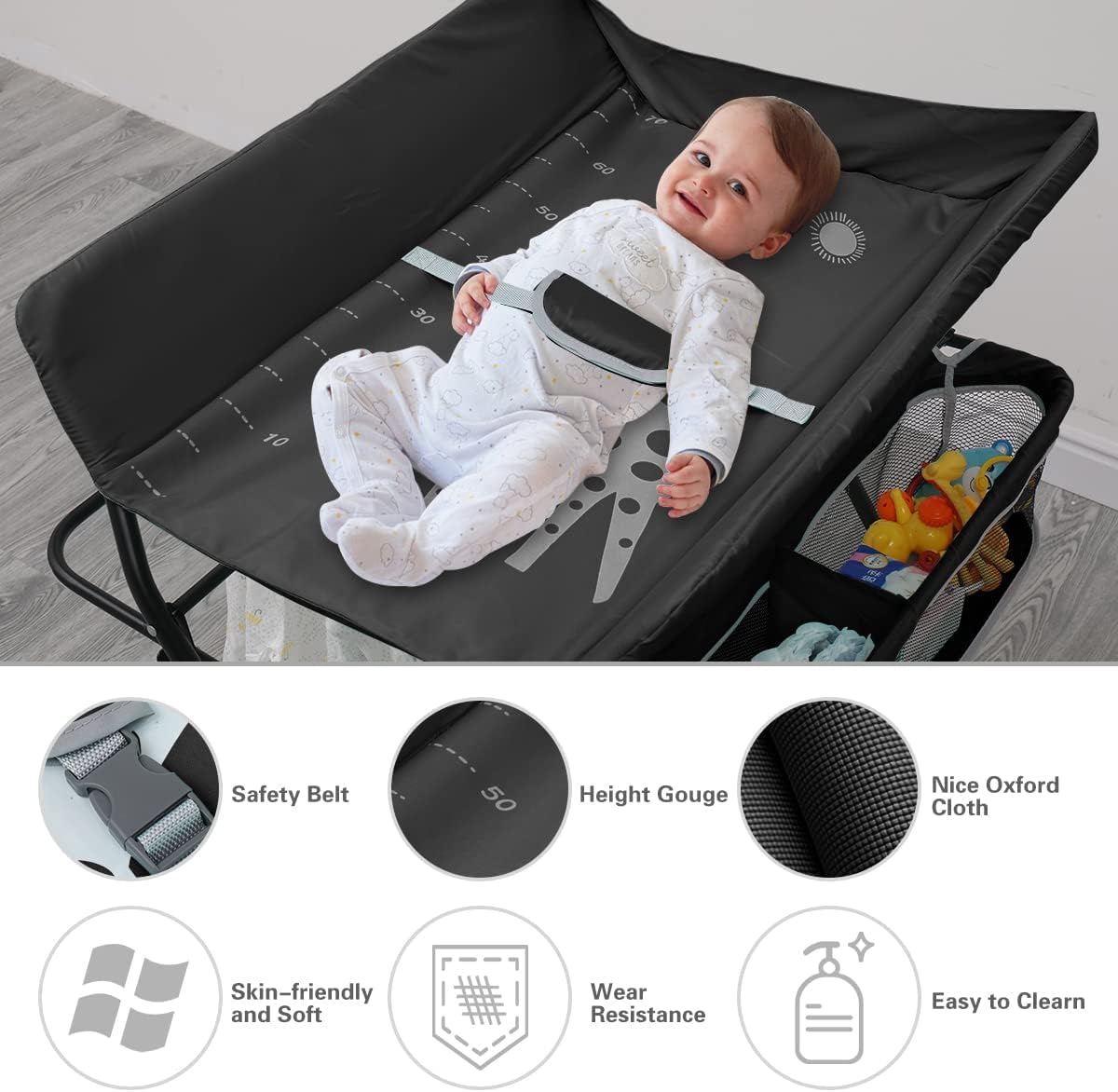Mesa For Cambiar Pañales Plegable For Bebés Con Almacenamiento Sobre Ruedas, Cambiador Móvil For Lactancia Infantil Mesa De Altura Ajustable For El Cuidado Del Recién Nacido Masaje Con Bolsa(Grey)