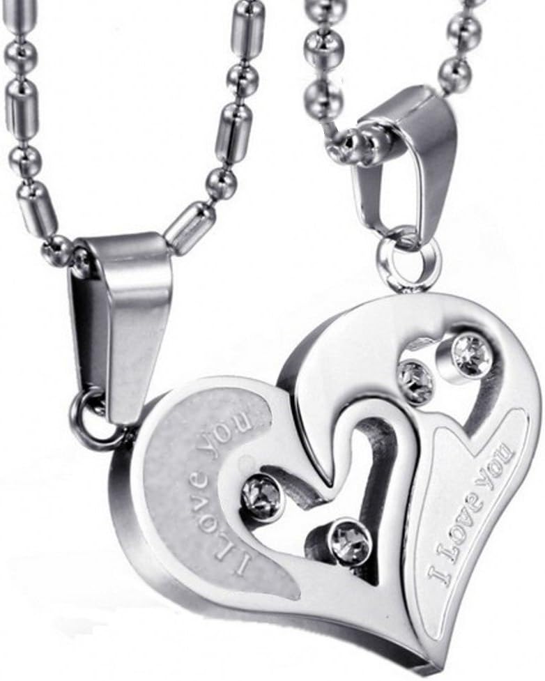 Couple Stainless Steel Necklace Sets I Love You Heart Shape Pendant (Silver & Silver)