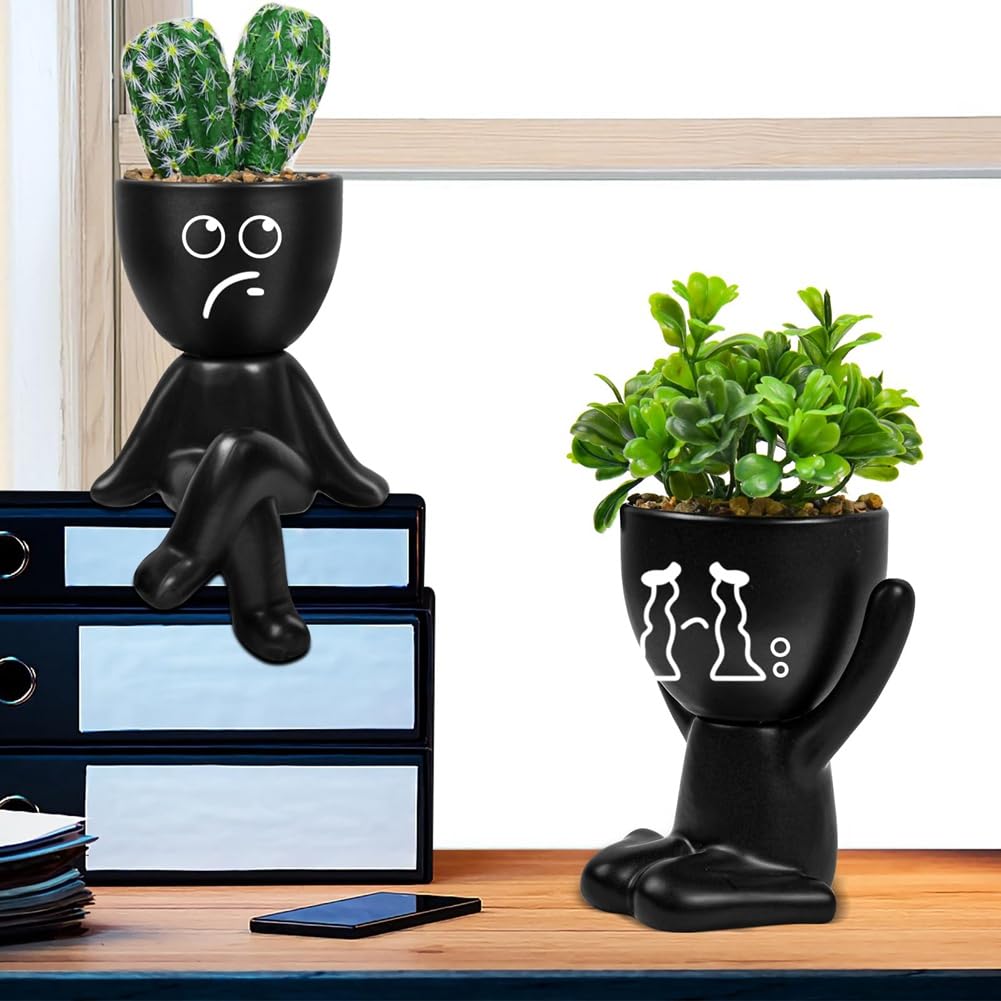 Lot de 4 plantes succulentes artificielles noires, pots créatifs en forme de personne, petits pots décoratifs artisanaux