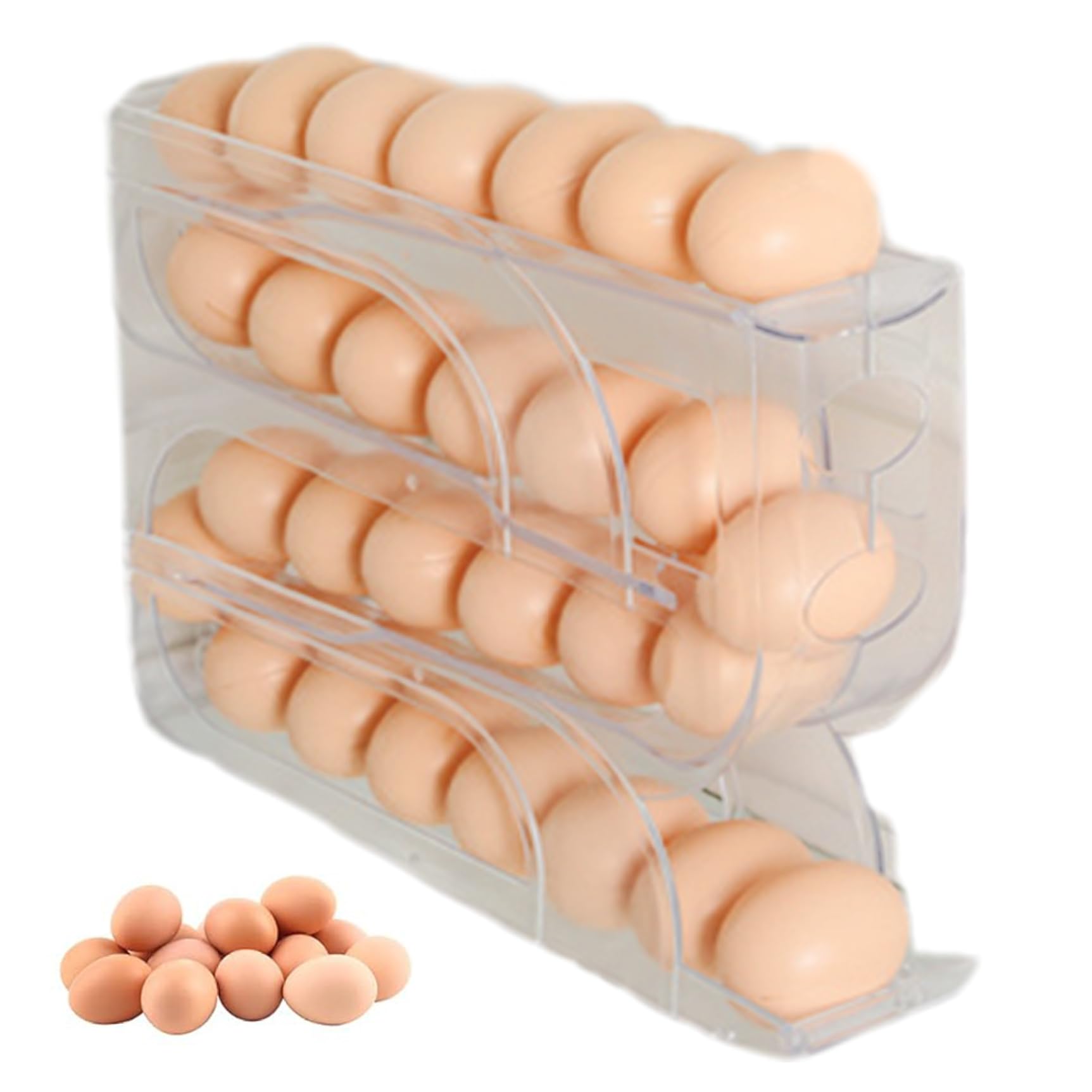 Tsawntd 4 Tier Egg Holder For Fridge Visibility Automatic Rolling Stackable Egg Rack for Holds 30 Eggs Keeping Freshness Dispenser for Refrigerator Countertop Cabinet (Transparent)