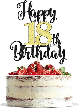 Happy 18th Birthday Cake Topper - Black Gold Glitter Cheers to 18 Years - Fabulous Cake Decoration for 18th Birthday/Anniversary Party