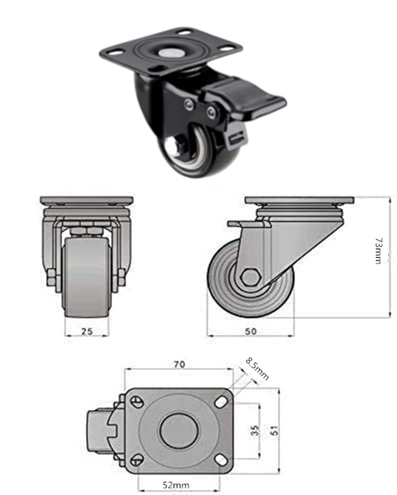 Castor Wheels Furniture Moving Swivel Caster 4Pieces Heavy Duty Swivel Castor Wheels Trolley Furniture Caster Rubber 200kg 50mm with Brakes - Image 2