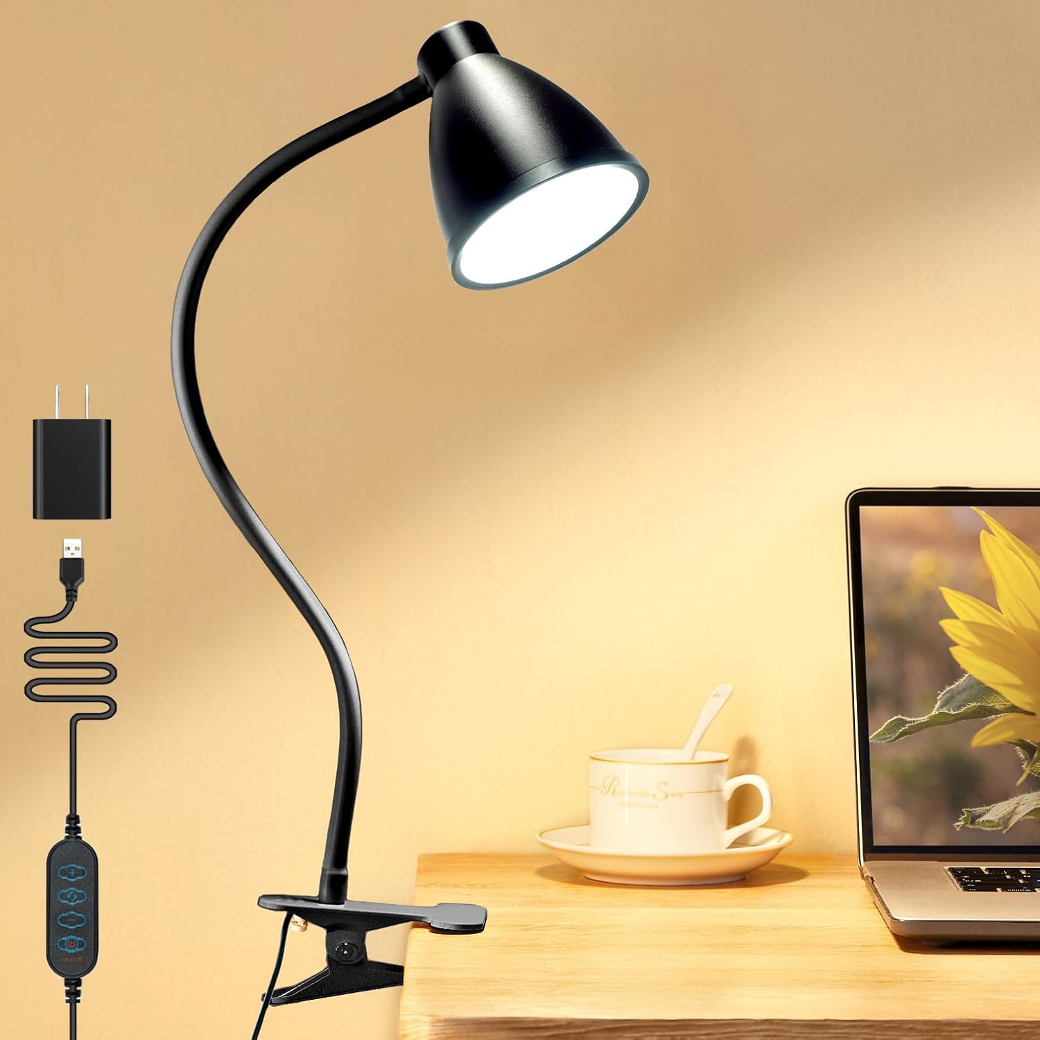 BOHON Desk Lamp 3 Color Modes 10 Brightness Dimmer Reading Light 10W 38 LED Clamp Lamp with Auto Off Timer 360° Flexible Gooseneck Clip on Light for Bed Bedside, AC Adapter Include Black
