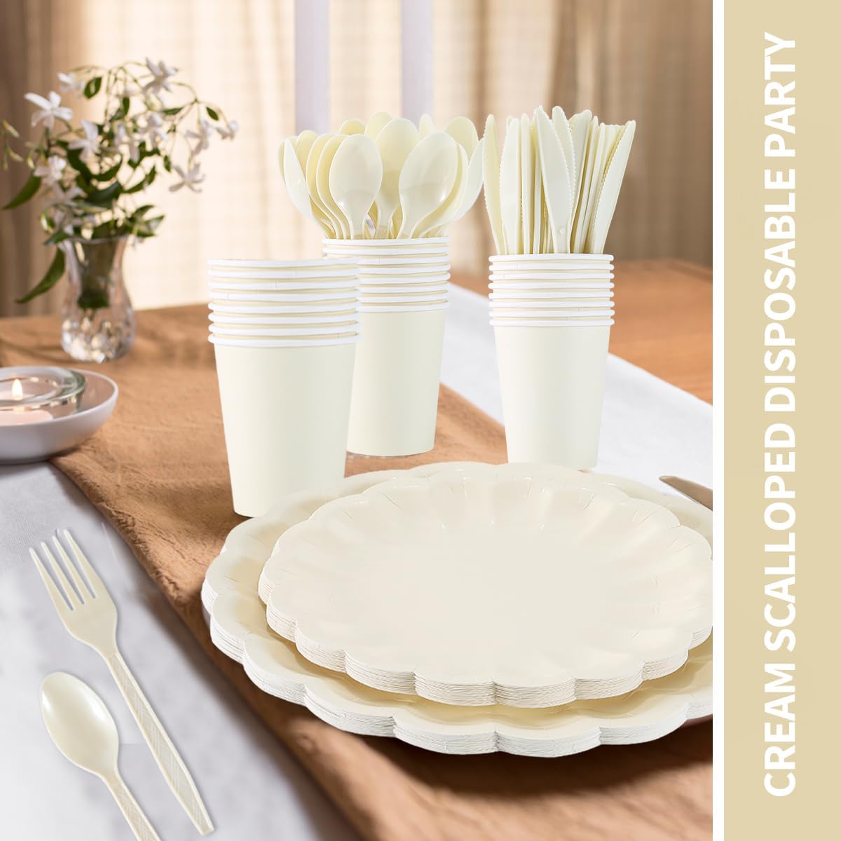 168Pcs Party Plates and Cups and Napkins Sets for 24 Guest Scalloped Paper Plates and Napkins Knives Spoons Forks Cups Disposable Party Set Cutlery for Dinner Baby Shower Wedding Favor(Cream White)