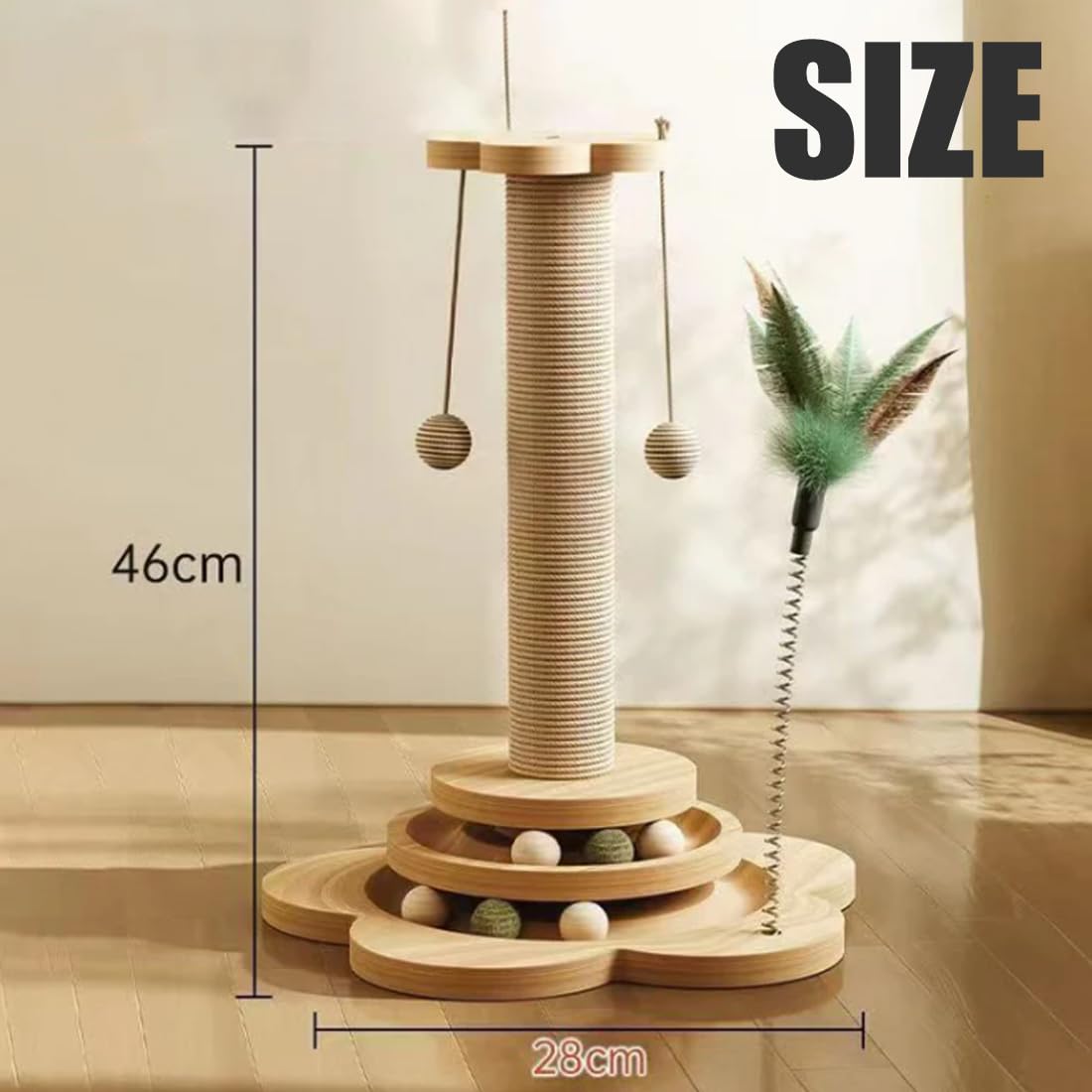 Tiragraffi per Gatti Legno con Gioco a 2 Livelli, Albero 4 in 1 in Sisal Naturale, Torre Interattiva Pista di Palline, Piuma e Erba Gatta, Design Stabile Salvaspazio per Kitten e Adulti (28 * 40cm)