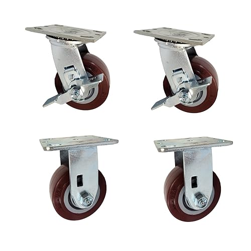 Miniatura 8 de Caster HQ - Juego de ruedas de poliuretano color granate de 4 x 2 pulgadas, capacidad de 2,800 libras (4 frenos de bloqueo superior)