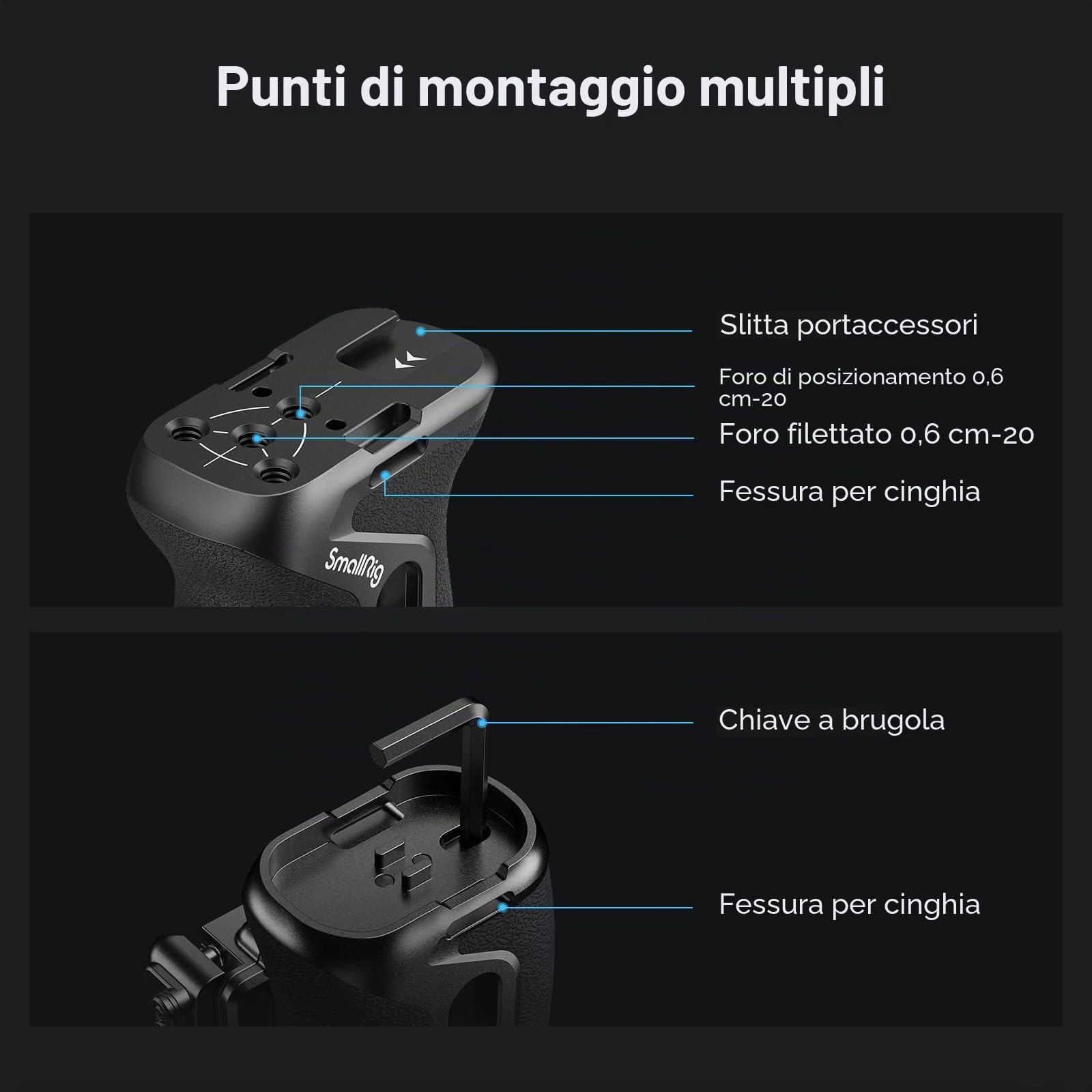 SMALLRIG Maniglia Laterale NATO a Scatto, Design a Blocco Rapido, Regolabile Su/Giù, con Supporto per Scarpa Fredda Integrato, Foro Filettato, Foro per Cinturino da Polso - 4017