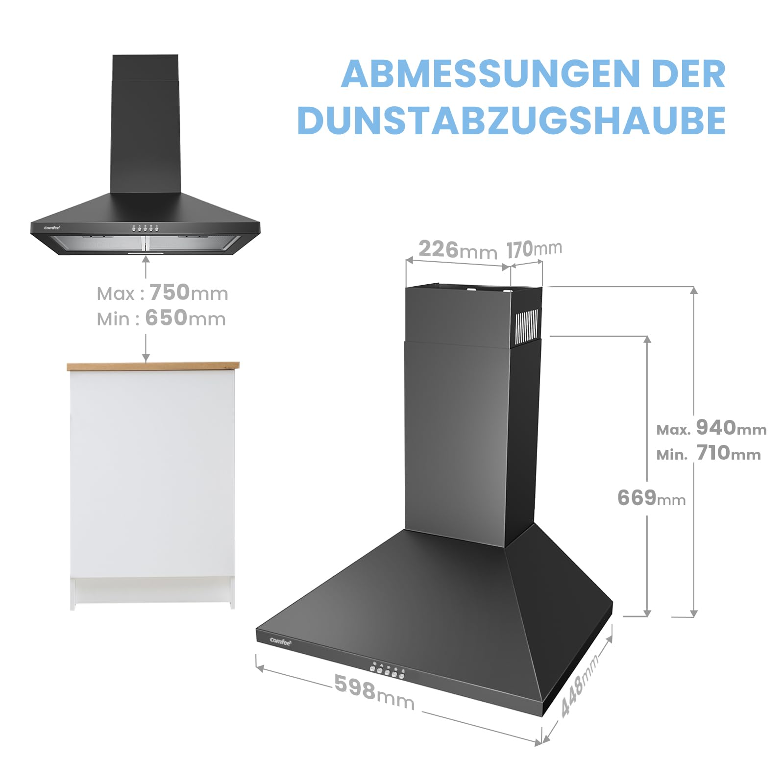 COMFEE' CH60A17EM400B A++ Dunstabzugshaube 60cm Umluft Abluft, 400m³/h Luftstrom, 5 Schichten Waschbarer Fettfilter, Schwarz