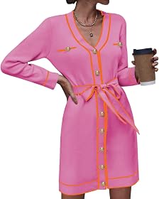 Pink Queen Women's Long Sleeve Button Down Sweater Dress Elegant V Neck Open Front Color Block Knit Cardiagns with Belt