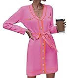 Pink Queen Women's Long Sleeve Button Down Sweater Dress Elegant V Neck Open Front Color Block Knit Cardiagns with Belt