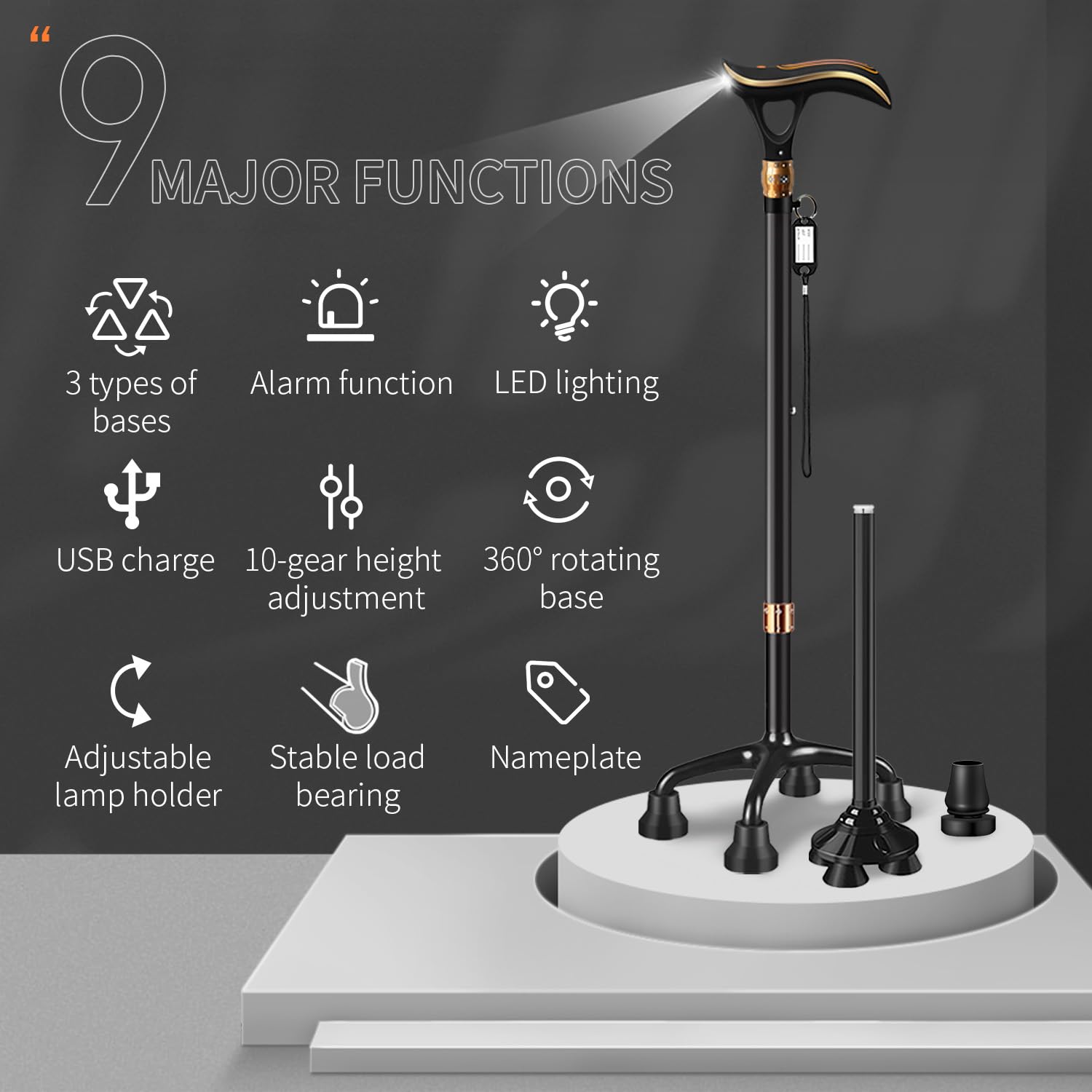Bastón de alarma inteligente para hombres y mujeres, bastones telescópicos y ajustables para personas mayores, carga directa USB con luz LED, un bastón para tres propósitos, ligero y estable