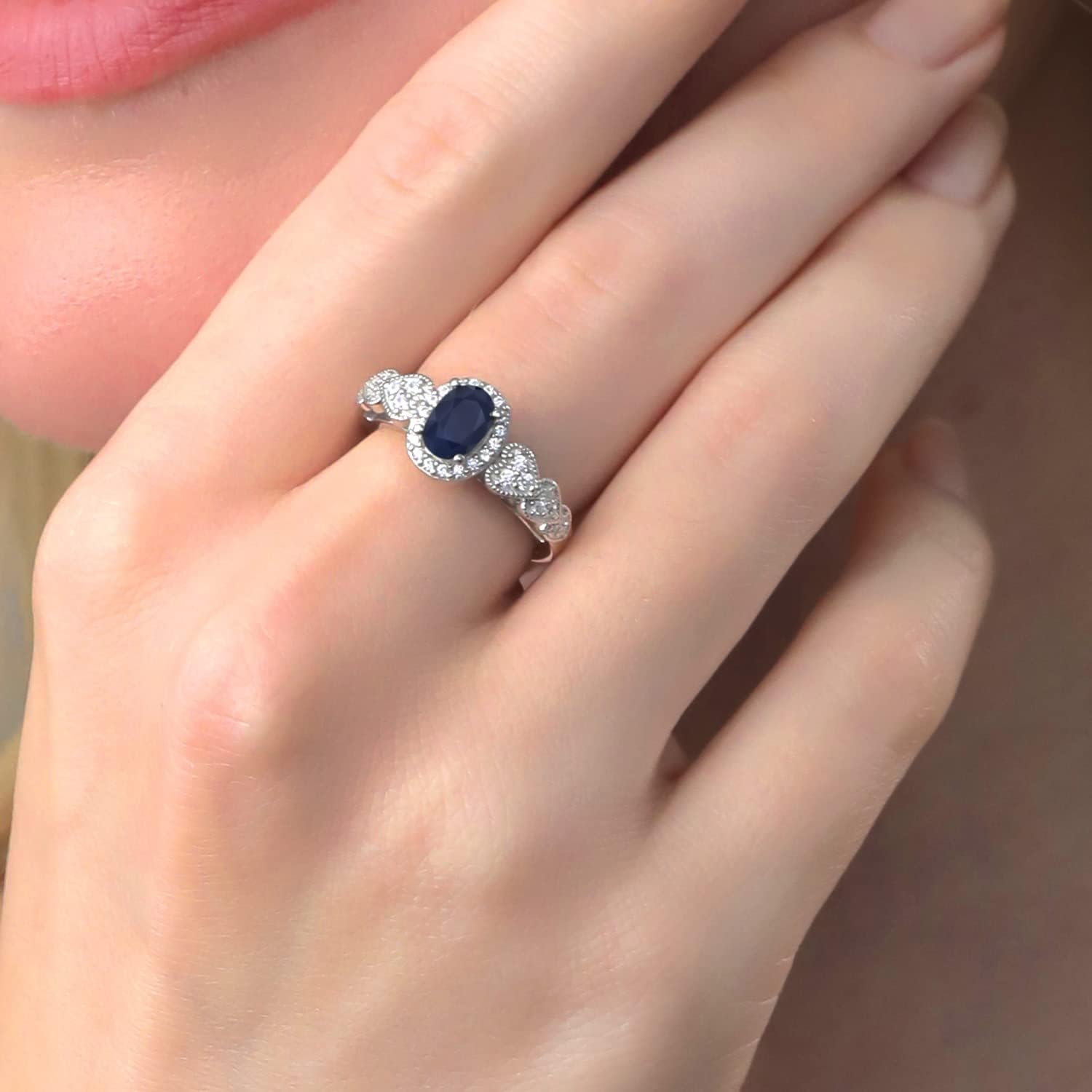 Gem Stone King Halo Engagement Ring for Women | 925 Sterling Silver | Gemstone Birthstone | Oval 7X5MM with White Accent Stones | Fine Wedding Anniversary Promise Ring | Sizes 5, 6, 7, 8, 9